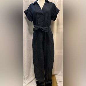 Brochu Walker Denim/Linen Button-Up Utility Jumpsuit with Tie Front